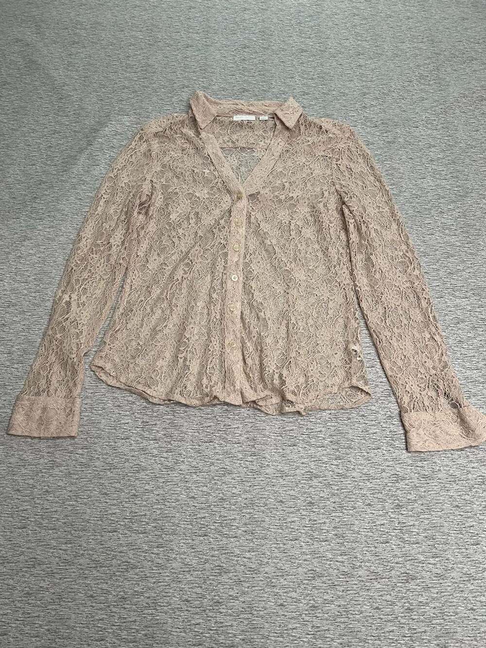 New York & Company Women’s M Beige Floral Lace Sheer Button Down Blouse